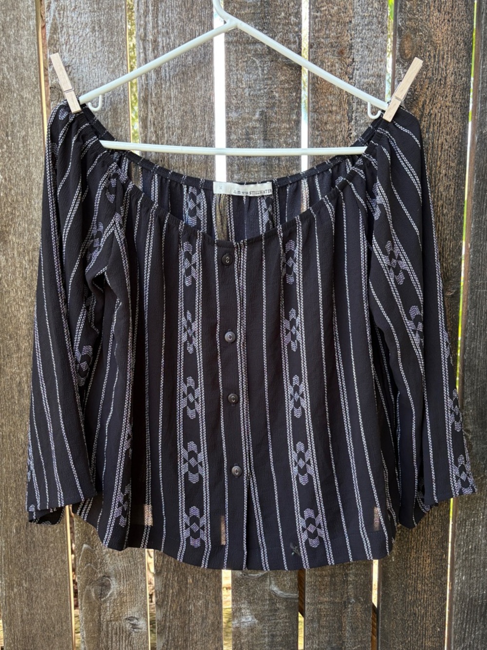 Stillwater Black & White Stripped Off Shoulder Viscose Button Down Crop Top Sz M